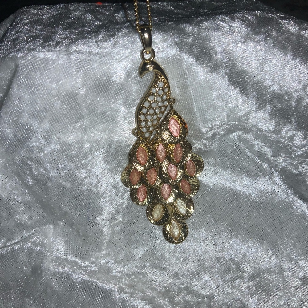 Peacock Goldtone Necklace Pink White Iridescent Stones  4" Pendant vintage